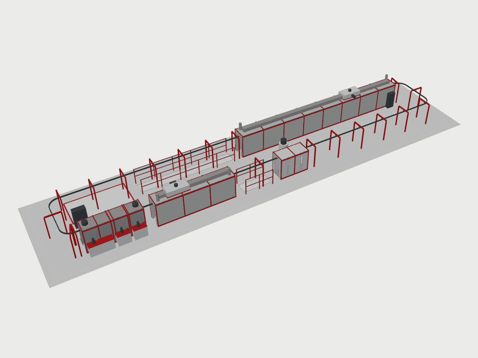 3D model of a powder coating line on a cardan chain loop drawn by the line configurator