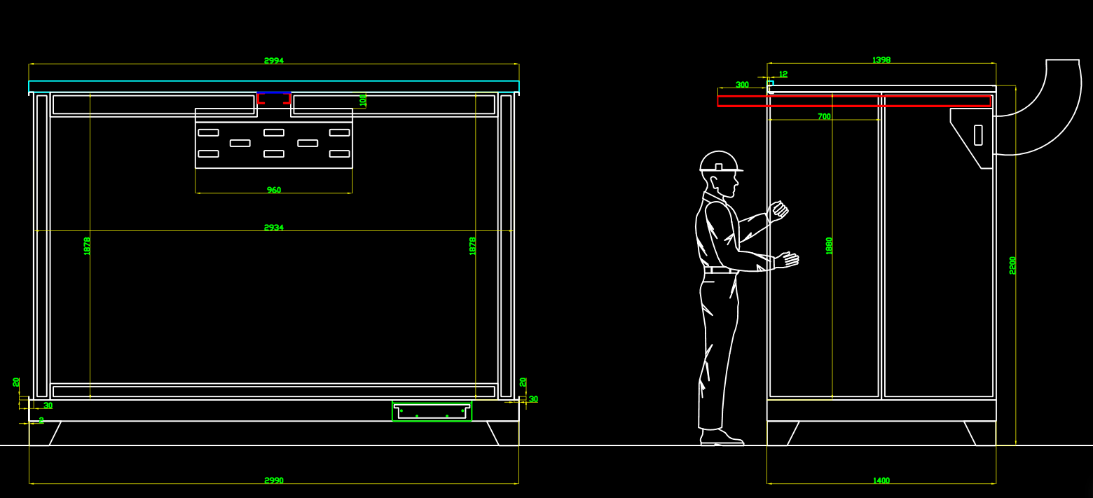 Cyclone powder coating booth, dimensioned drawing, front and side views